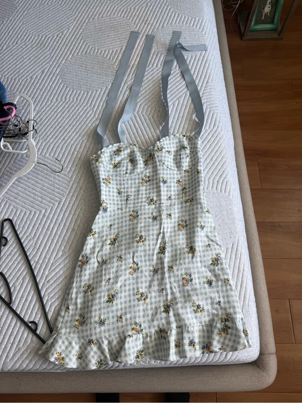 Reformation Floral Gingham Mini Dress in Light Blue and Yellow